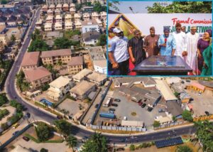Aerial view of the network of five roads (Oba Dosumu Street, Oduduwa Way, Oduduwa Crescent, Sobo Arobiodu and Sasegbon Streets) commissioned by Governor of Lagos State, Mr. Babajide Sanwo-Olu in G.R.A Ikeja, on Thursday, 09 January 2025. Inset (l-r): Special Adviser to the on Infrastructure, Engr. Olufemi Daramola; Ex-Commissioner in Lagos, Barr. Muiz Banire; Deputy Governor, Dr. Obafemi Hamzat; Governor Babajide Sanwo-Olu; former Governor of Ekiti State, Mr. Ayodele Fayose; Oba Onigbongbo, HRM Olusegun Ajasa and SSG, Barr. ‘Bimbola Salu-Hundeyin.