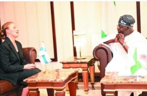 President Bola Tinubu, right, and the Finnish Ambassador to Nigeria, Ms Sanna Selin
