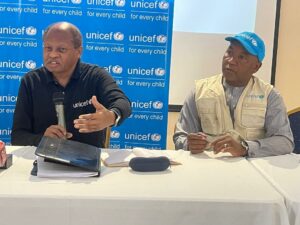 Rahama and another UNICEF official during the press briefing