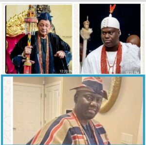 The Late Alaafin Adeyemi, top left, Ooni Ogunwusi, top right and Alaafin Owooad