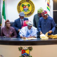 Governor of Lagos State, Mr. Babajide Sanwo-Olu (middle) signing the Y2025 Appropriation bill into law at the Conference room of Lagos House, Alausa, Ikeja, on Thursday, 09 January 2025. With him from left: Deputy Governor, Dr. Obafemi Hamzat; Attorney General/Commissioner for Justice, Mr. Lawal Pedro (SAN); Commissioner for Economic Planning & Budget, Mr. Ope George and Chairman, House Committee on Appropriation, Hon. Saad Lukman Olumoh.