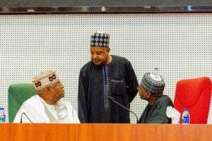 L-R: Chairman, House Committee on Finance, Hon. James Faleke; Minister of Budget and Economic Planning, Senator Abubakar Bagudu; and Chairman, Senate Committee on Finance, Senator Mohammed Sani Musa, during the National Assembly Joint Committees on Finance hearing on the 2025 Appropriation Bill in Abuja on Monday 13/01/25