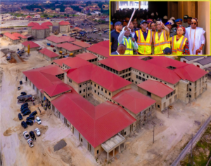 Aerial view of the ongoing construction of the General Hospital project in Ojo Local Government, inspected by Governor of Lagos State, Mr. Babajide Sanwo-Olu on Tuesday, 28 January 2025. Inset: Special Adviser to the Governor on Works, Engr. Adekunle Olayinka (left); Governor Sanwo-Olu (third left); his Deputy, Dr. Obafemi Hamzat (third right); SSG, Barr. ‘Bimbola Salu-Hundeyin (second right) and others.