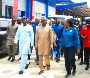 Governor of Lagos State, Mr. Babajide Sanwo-Olu; his Deputy, Dr. Obafemi Hamzat and Managing Director, LAMATA, Engr. Abimbola Akinajo during the inauguration of the Abule Egba Bus Terminal in Lagos, on Tuesday, 18 February 2025.