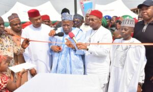 L-R: Imo State Commissioner for works, Barr Ralph Nwosu; APC Deputy National Chairman (South), Chief Emma Enukwu; APC National Chairman, Dr Abdulahi Ganduje; Governor Hope Uzodimma and others during the Commissioning of newly dualised former DSS road, now renamed Ganduje Drive, in Owerri... Thursday