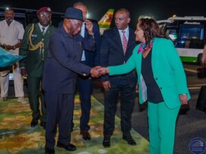 President Boakai being introduced by Minister of Transport to Ethiopian delegates who received him at the Bole International Airport in Addis Ababa