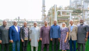 Board members, Nigerian Economic Summit Group (NESG), Mr Lanre Akinbo; Mr. Udeme Ufot; Chairman, NESG, Mr Niyi Yusuf; President/CE, Dangote Group, Aliko Dangote; Vice President (Oil & Gas), Dangote Group, Mr Devakumar Edwin; Board Members, NESG, Mr Philip Mshelbila; Mrs Wonu Adetayo; Mr Frank Aigbogun and CEO NESG, Dr. Tayo Aduloju, during the visit of NESG delegation to Dangote Petroleum Refinery & Petrochemicals and Dangote Fertilisers in Ibeju Lekki, Lagos on Tuesday, 4th February 2025