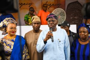 Governor of Lagos State, Mr. Babajide Sanwo-Olu (second right); daughter of the deceased, Mrs. Adeola Azeez (right); Deputy Governor, Dr. Obafemi Hamzat (second left) and SSG, Barr. 'Bimbola Salu-Hundeyin during a commemoration visit to the family of Pa Ayo Adebanjo at his residence in Lekki, Lagos, on Tuesday, 18 February, 2025.