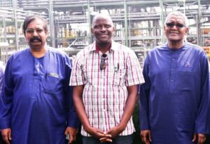 L-R: Vice President, Oil and Gas, Dangote Industries Limite, Devakumar Edwin; Minister of Energy, Zambia, Makozo Chikote; President/CE, Dangote Industries Limited, during visit to Dangote Petroleum Refinery and Fertiliser, Ibeju-Lekki, Lagos on Saturday, February 22, 2025