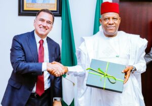Ambassador of Brazil to Nigeria, Carlos Garcete and VP Shettima during the signing of the commercial phase of the GIP 1 at Presidential Villa, Abuja