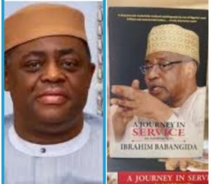 Chief Femi Fani-Kayode, left, and IBB's autobiography, Journey in Service