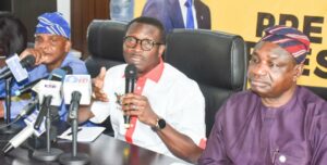 Commissioner for Basic Education, Mr Tolani Alli-Balogun; Chairman, Special Committee on Renovation of Public Schools, SCRPS, Lagos State, Mr Hakeem Smith and Commissioner for Information and Strategy, Mr Gbenga Omotoso during the press briefing at Bagauda Kaltho Press Centre, Alausa, Ikeja