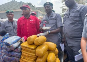 Customs handing over sacks of cannabis sativa, cartons of codeine syrup to NDLEA in Ogun state.