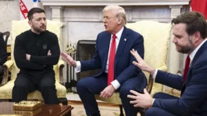 From left, President Volodymyr Zelensky of Ukraine, US President Donald Trump and Vice President JD Vance