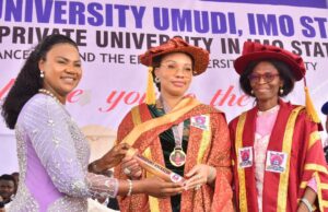 Imo State First Lady, Barr (Mrs.) Chioma Uzodimma (middle) flanked by Pro- Chancellor and Chairman of Council, Hezekiah University, Umudi, Lady Ogechi Ibeagi (right), and BOT Acting Chairman, Hezekiah University, Amb Onyinye Gift Uwaechia, during the conferment of a Doctorate Degree on Public Administration (Honoris Causa) on Mrs. Uzodimma at the University Campus Umudi Nkwerre LGA... weekend.