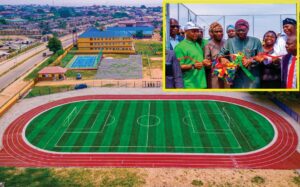 Newly built ultra-modern Block of Classrooms with a mini-football pitch and multi-purpose sports court in Keme Balogun Junior/Senior College, Ibeshe, Ikorodu, commissioned by Governor of Lagos State, Mr. Babajide Sanwo-Olu, on Wednesday, March 19, 2025. Inset l-r: Chairman, Lagos State Universal Basic Education Board (LSUBEB), Dr. Hakeem Shittu; Commissioner for Basic and Secondary Education, Mr. Tolani Alli-Balogun; Deputy Governor, Dr. Obafemi Hamzat; Governor Sanwo-Olu; Tutor-General/Permanent Secretary, Education District II, Mrs. Anike Adekanye and APC Lagos Chairman, Hon. Cornelius Ojelabi during the commissioning.