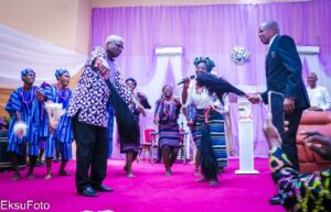 Prof.Niyi Osundare and Prof. J.B Ayodele (Vice Chancellor, EKSU) showing dancing skills.