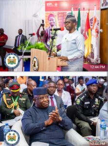 Governor Seyi Makinde speaking(top) while President Bio and others were listening