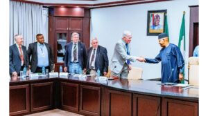 VP Shettima during a meeting with the management of the bio-technology company led by Lord Raymond Benedict Asquith, the 3rd Earl of Oxford, and Asquith OBE, a member of the UK House of Lords at the Presidential Villa, Abuja.