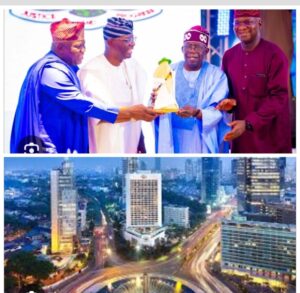 Top photo, left to right, Former Lagos Governor Akinwunmi Ambode, Governor Babajide Sanwo-Olu, President Bola Tinubu and another past Governor. Bottom photo: Lagos