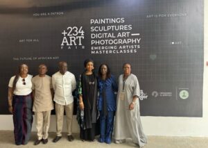 Left to right: Omoboye Odu, Head of SME, Partnership and Collaboration, Ecobank Nigeria; Kola Adeleke, Executive Director of Commercial Banking, Ecobank Nigeria; Bolaji Lawal, Managing Director/Regional Executive, Ecobank Nigeria; Hannatu Musa Musawa, Minister of Art, Culture and Creative Economy; Mrs. Tola Akerele, Founder of +234 Art Fair and Soto Gallery; and Ms. Toyin Laoshe, Project Director of the +234 Art Fair, at the Art Fair held at the Ecobank Pan African Centre in Lagos.