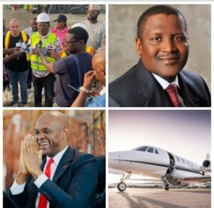 Clockwise from top left, Umahi, Dangote, a private jet, and Elumelu