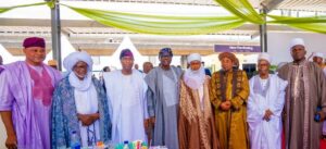 Special Adviser to the Governor on Religion (Muslim), Alhaji Abdullah Jebe; Chief Imam, Ikorodu, Imam Seifudeen Ademoritan Olowo-Oribi; Deputy Governor of Lagos State, Dr. Obafemi Hamzat; Governor of Lagos State, Mr. Babajide Sanwo-Olu; Chief Imam of Lagos State, Shiekh Sulaimon Oluwatoyin Abu-Nolla; Chief Imam, Epe, Imam Abdur Rahman Sadullahi; Chief Imam, Badagry, Alhaji Abdul Hakeem Uthman and Chief Imam, Ikeja, Sheik Kamorudeen Adeola Illo, during 2025 Eid-ul-Fitr celebration with the first family at the Lagos House, Marina, on Tuesday, 01 April, 2025.