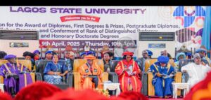 The Chancellor, Lagos State University (LASU), Prof. Gbolahan Elias; Wife of Deputy Governor of Lagos State, Mrs. Oluremi Hamzat; Deputy Governor, Dr. Obafemi Hamzat; LASU Vice Chancellor, Prof. Ibiyemi Olatunji-Bello and Pro Chancellor; Chairman of the Governing Council, Sir David Sunmoni and Chairman/CEO, National Drug Law Enforcement Agency, NDLEA, Brig. Gen. Buba Marwa (Rtd), during the 28th convocation ceremony of LASU, at the Buba Marwa Auditorium, Main Campus, Ojo, on Thursday, April 10, 2025.