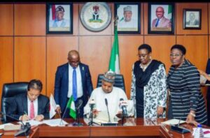 L-R: Deputy Head of Mission/Counsellor, Embassy of Japan, Mr Hitoshi Kozaki; Permanent Secretary, Ministry of Budget and Economic Planning, Dr Emeka Obi; Minister of Budget and Economic Planning, Senator Abubakar Bagudu; General Counsel and Secretary of the Nigeria Sovereign Investment Authority (NSIA), Mrs Ezinwa Okoroafor; and Director of Legal, Ministry of Budget and Economic Planning, Ms Irene Idava, during the signing of “Project for the Development of a Supporting Environment for Start-ups: Addressing Social Challenges,” in Abuja on Thursday, 10/04/25. PHOTO: FMBEP