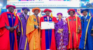 Otunba Femi Pedro; the Chancellor, Lagos State University (LASU), Prof. Gbolahan Elias; Deputy Governor of Lagos State, Dr. Obafemi Hamzat; Chairman/CEO, National Drug Law Enforcement Agency, NDLEA, Brig. Gen. Buba Marwa (Rtd) conferred with Doctor of Humane Letters (Infrastructure, Security and National Development) Honoris Causa; his wife, Munirat; Vice Chancellor, Prof. Ibiyemi Olatunji-Bello and Pro Chancellor and Chairman of the Governing Council, Sir David Sunmoni during the 28th convocation ceremony of LASU, at the Buba Marwa Auditorium, Main Campus, Ojo, on Thursday, April 10, 2025.