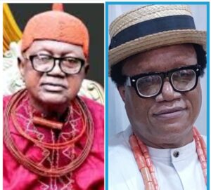 His Royal Majesty, the Ovie of Udu kingdom Owhoru 1 Barrister Bethel Delekpe left, and Professor Hope O'Rukevbe Eghagha