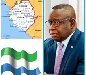 President Maada Bio, map and flag of Sierra Leone
