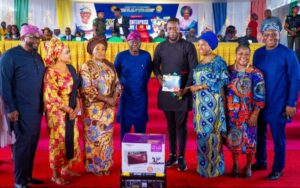 Governor of Lagos State, Mr. Babajide Sanwo-Olu (second left) and Commissioner for Women Affairs & Poverty Alleviation, Mrs. Cecilia Dada (left) during the presentation of the Micro Enterprise Support Initiative (MESI) to beneficiaries, organized by the State’s Ministry of Women Affairs & Poverty Alleviation, at De Blue Roof, LTV, Agidingbi, Ikeja, on Tuesday, 29 April, 2025.