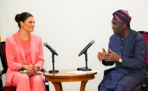 Crown Princess of Sweden, Duchess of Vastergotland; HRH Victoria Ingrid Alice Desiree and Deputy Governor of Lagos State, Dr. Obafemi Hamzat, during a courtesy visit by the Princess at Lagos House, Marina on Tuesday, April 8, 2025.
