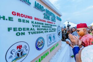 VP Shettima was in Kaduna State to perform the groundbreaking ceremony for the construction of Phase 1 of the Special Agro-Industrial Processing Zone