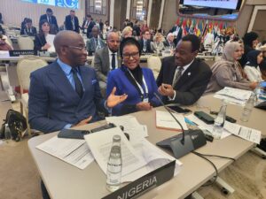 Senator representing Ondo South Senatorial District, Senator Jimoh Ibrahim, CFR,(right), Deputy Speaker, 10th House of Representatives, Hon. Benjamin Kalu (left) and Senator Ireti kingibe (middle) at the ongoing 150th Assembly of the Inter-Parliamentary Union (IPU) in Tashkent, Uzbekistan, holding from 5 to 9 April 2025.