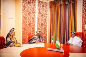 President Bola Tinubu, right, with the 46th Alaafin of Oyo, Oba Abimbola Abdulhakeem Owoade I, his wife, Abiwumi