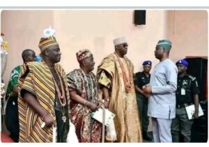Alaafin Owoade, left, Oba Adeoye Ghandi, Soun of Ogbomoso and another Oba standing to greet Governor Seyi Makinde of Oyo State