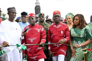 L-R: Imo State Governor, Hope Uzodimma; Anambra State Governor, Charles Soludo, and at the President arriver to commission projects in Anambra State yesterday