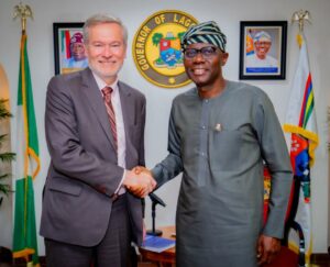 L-R: European Union Ambassador to Nigeria,Mr. Gautier Mignot with Governor of Lagos State, Mr. Babajide Sanwo-Olu during a courtesy visit at Lagos House, Marina, on Thursday, May 29, 2025.