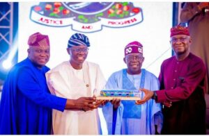 From left, former Governor Akinwunmi Ambode, the incumbent, Babajide Sanwo-Olu, President Bola Tinubu (he also governed the state) and Babatude Fashola who was Governor at a point