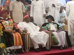 Governor Yusuf, Senator Kwankwaso and Aliko Dangote during ADUSTECH convocation ceremony on Saturday)