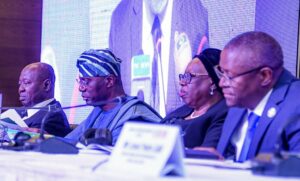 Lagos State Chief Judge, Hon. Justice Kazeem Alogba; Governor of Lagos State, Mr. Babajide Sanwo-Olu; Chief Justice of Nigeria/Chairman, ECOWAS Judicial Council, Hon. Justice Kudirat Kekere-Ekun and President of ECOWAS Court, Hon. Justice Ricardo Cláudio Monteiro Gonçalves during the opening of ECOWAS Court of Justice sensitisation outreach and external sessions at the Eko Hotels and Suites, Victoria Island in Lagos, on Monday, 05 May, 2025.