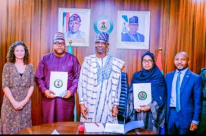 (L - R) Sally Woolhouse, Head of Economic Development, Foreign, Commonwealth and Development Office; Goke Dokun, Managing Director, Advent Integrated Services Limited; The Executive Governor of Nasarawa State, His Excellency, Engr. Abdullahi A. Sule; Professor Sa'adatu Hassan Liman, Vice Chancellor, Nasarawa State University Keffi; and Ibrahim A. Abdullahi, Managing Director, Nassarawa Investment Development Agency.