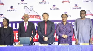 L-R, Company Secretary, NASCON Allied Industries Plc, Oluseun Oluwole, Chairman, NASCON Allied Industries Plc, Olakunle Alake, NASCON Allied Industries Plc, Managing director, Thabo Mabe, Deputy Managing Director, NASCON Allied Industries Plc, Aderemi Saka, Non-Executive Director, NASCON Allied Industries Plc, Abdu Dantata, at the 2024 Annual General Meeting (AGM) of NASCON Allied Industries Plc held in Lagos on Thursday May 8, 2025.