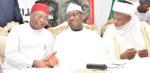 From L: Imo State Governor, Senator Hope Uzodimma, Secretary to Government of the Federation, Senator George Akume and Sultan of Sokoto, Muhammad Sa'ad Abubakar, during the First Triannual Meeting of Nigerian Inter-Religious Council held in Owerri... Wednesday