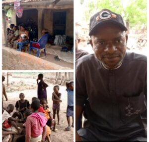 Philip Nongo, President Mdzou I Tiv, right; displaced children, below left, and a group of women who have been dispatched, taking shelter in Kadarko Community