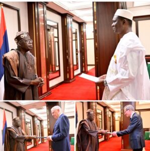 Top photo: President Tinubu receiving the letter of credence from the Ambassador of the Republic of Mali, Cheick Oumar Coulibaly. President Tinubu receiving the same from other envoys