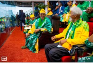 Professor Wole Soyinka, right, and Governor Dapo Abiodun at the National Festival in Abeokuta