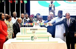 from 3rd left: Liberia President, Joseph Nyuma Boakai; Togo President, Jean-Lucien Savi de Tové; President Bola Ahmed Tinubu; former Head of State, Yakubu Gowon; President of the Republic of Guinea Bissau, Umaro Sissoco Emalo; President of the ECOWAS Commission, Umar Alieu Touray and other leaders cutting anniversary cake during the ECOWAS 50 years commemorative ceremony in Lagos on Wednesday